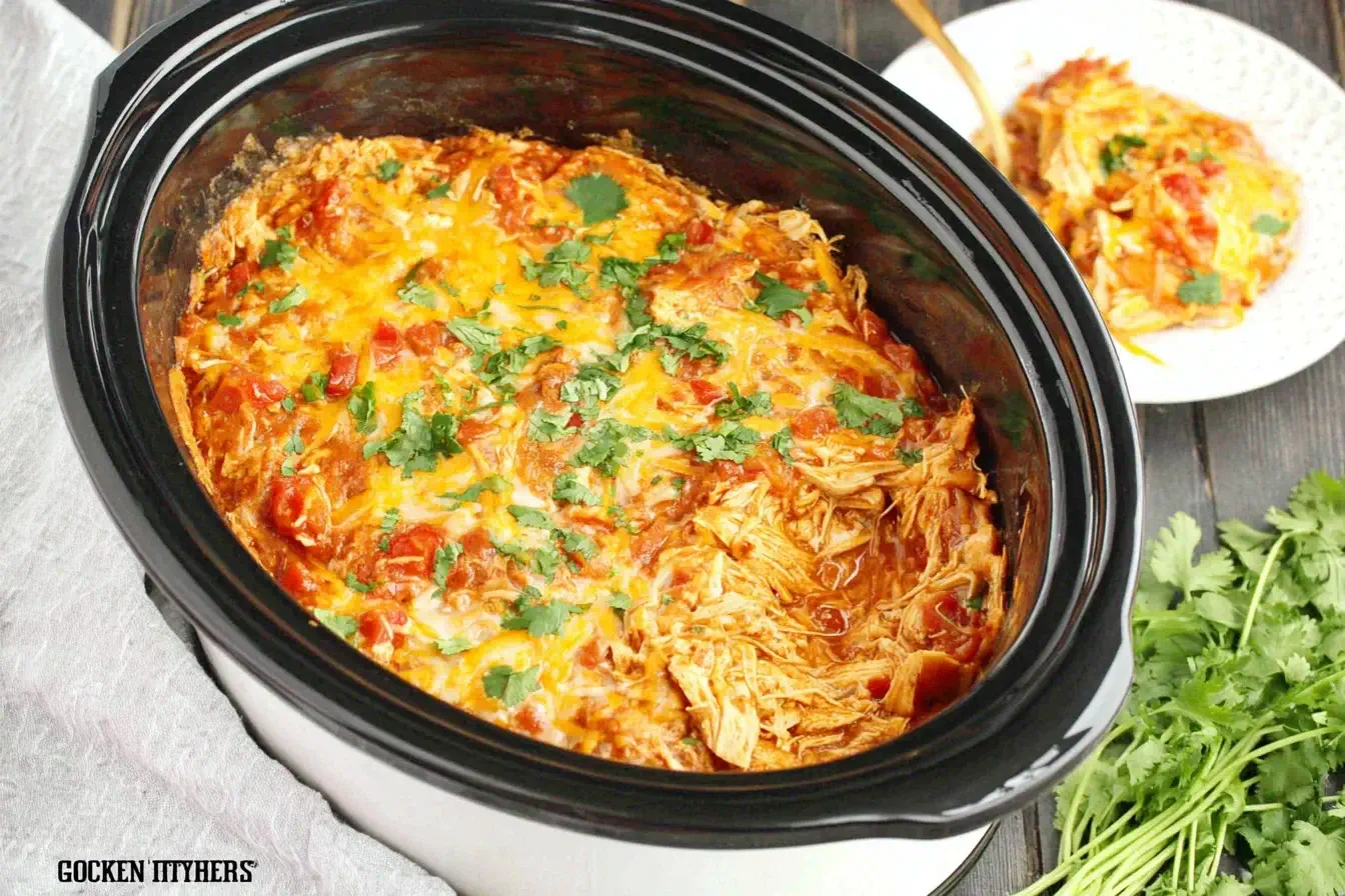 Easy One-Pot Slow Cooker Chicken Enchilada Casserole